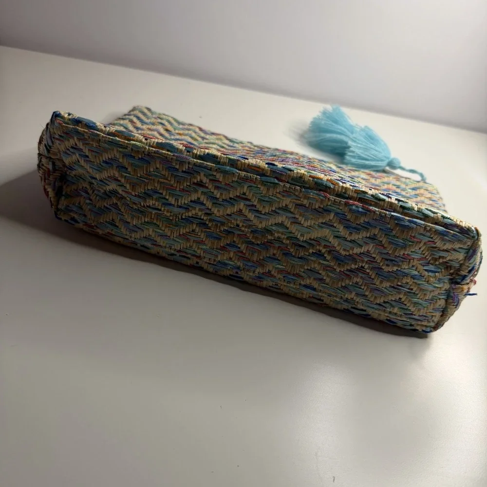 Lancome Cosmetic Bag Woven Blue Multicolored Tasseled Make Up Bag Travel Storage